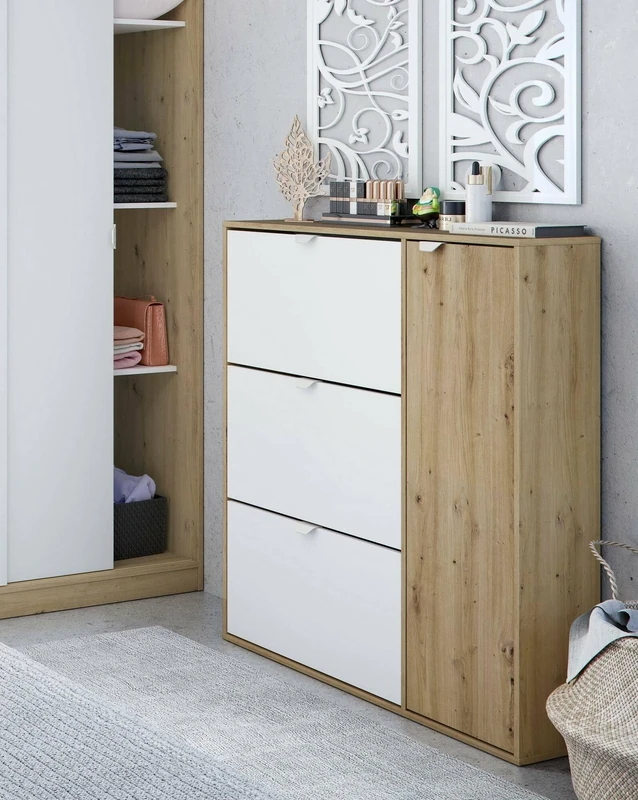 DMORA - Shoe rack Tok, Entrance shoe rack with 4 doors, Space-saving shoe cabinet, 105x24h112 cm, White and Oak