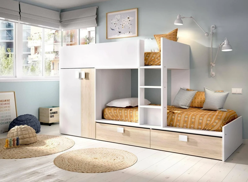 DMORA - Children's bed Breithorn, Complete bedroom with wardrobe and drawers, Bunk bed composition with two single beds, 275x108h150 cm, White and Oak