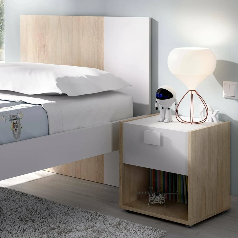Dmora - Bedside table Catinaccio, Night table, Low chest of drawers with 1 drawer, 40x33h42 cm, White and Oak