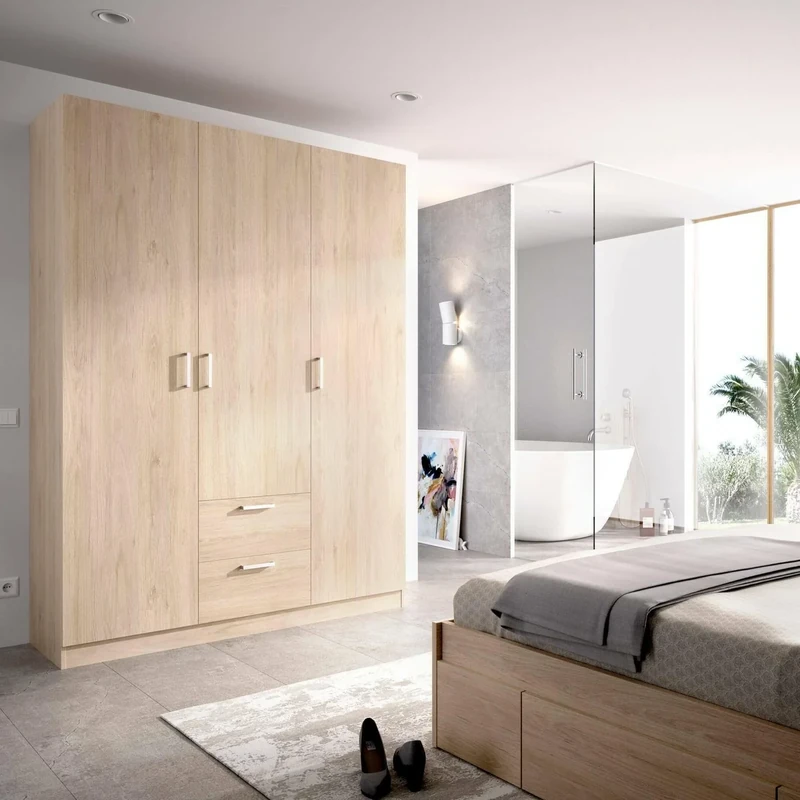 DMORA - Wardrobe Argentella, Coat rack for bedroom, Wardrobe with 3 hinged doors and 2 drawers, 150x52h215 cm, Oak