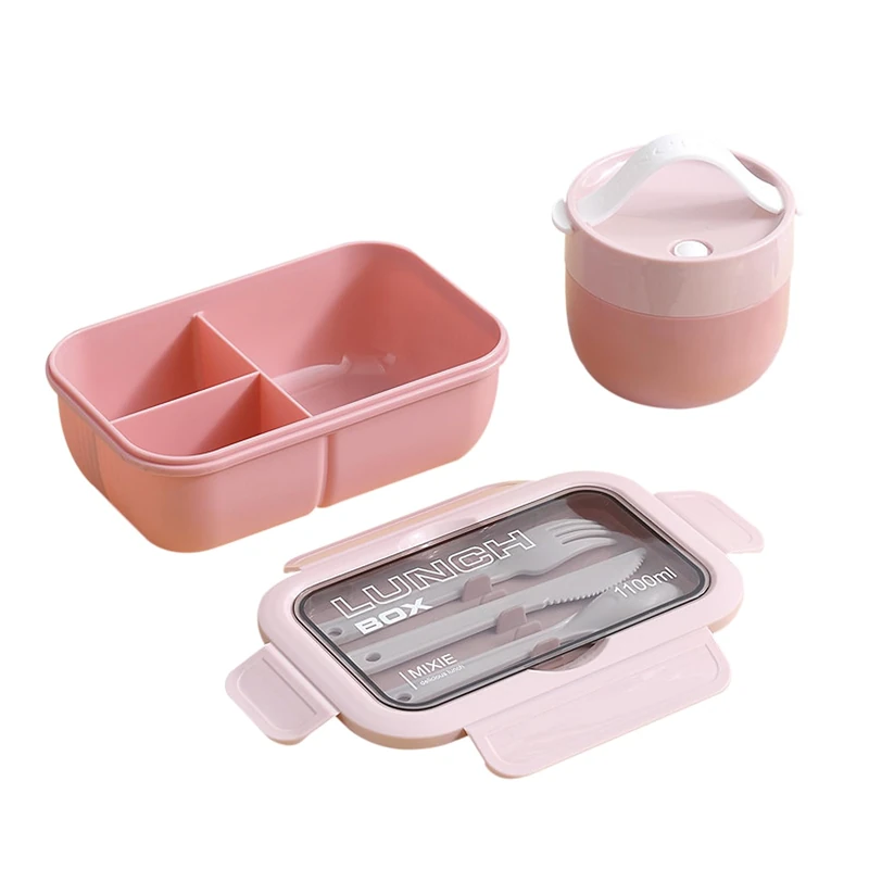 DAM Airtight Stackable Lunch Box for Food Storage, 1100 ml, Includes Bowl with Lid and Cutlery, 21 x 13 x 7.5 cm, Colour: Light Pink - Image 1