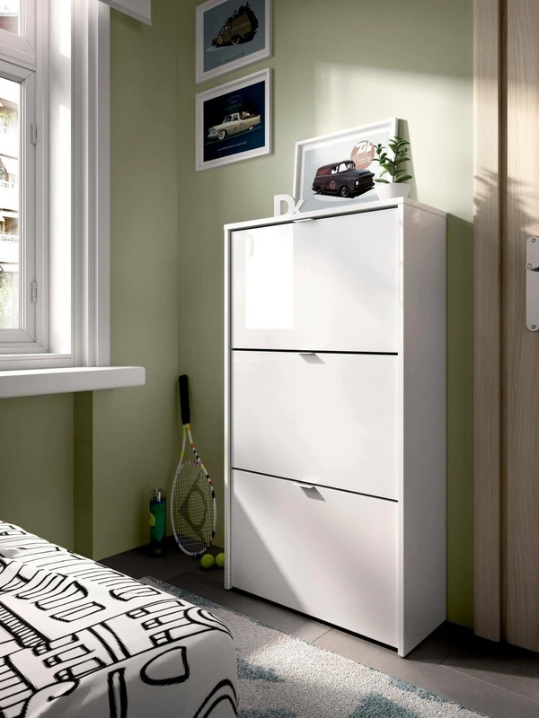 DMORA - Shoe rack Vignole, Space-saving shoe rack for entrance, Shoe cabinet with 3 flap doors, 61x25h113 cm, White