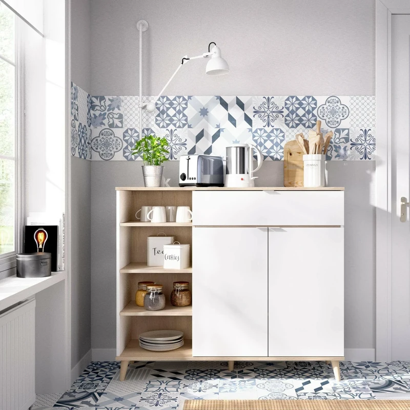 DMORA - Sideboard Sumbra, Living room pantry buffet, Modern living room sideboard with 2 doors, 120x40h102 cm, White and Oak