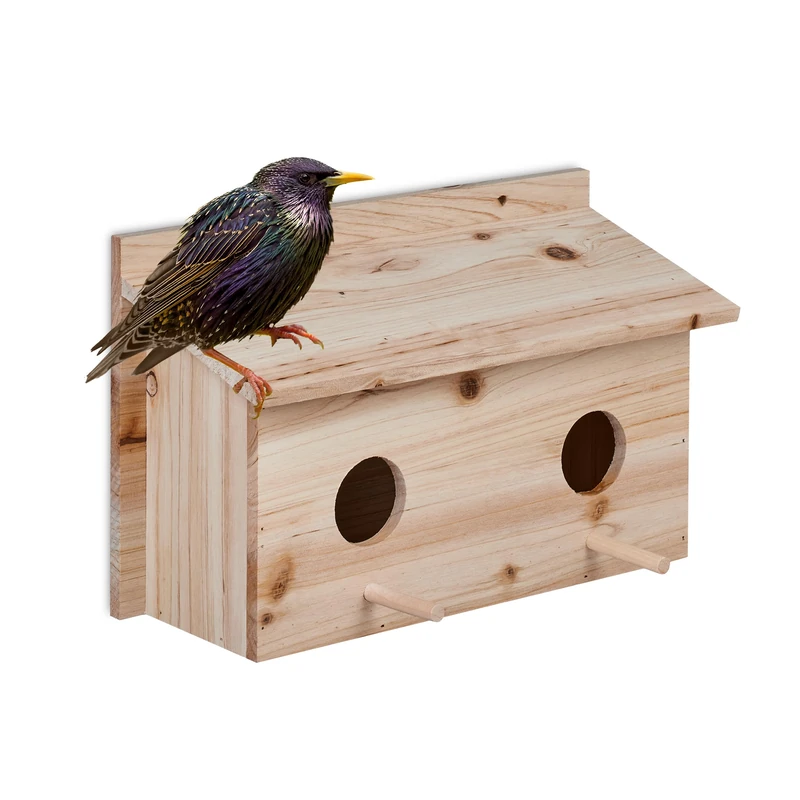 Relaxdays Nesting Box for Starlings, Fir Wood, 2 Entrances Ø5 cm, Perch, Bird House to Hang, HWD: 22x35x18cm, Natural