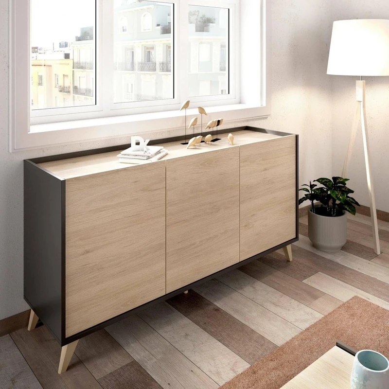 DMORA - Sideboard Avez, Buffet for living room, Modern sideboard for living room with 3 doors, 155x43h75 cm, Oak and Anthracite