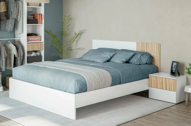 DMORA - Double bed Yakima, Double bed frame, Structure for bedroom suitable for mattress 190x160, 166x196h40 cm, White