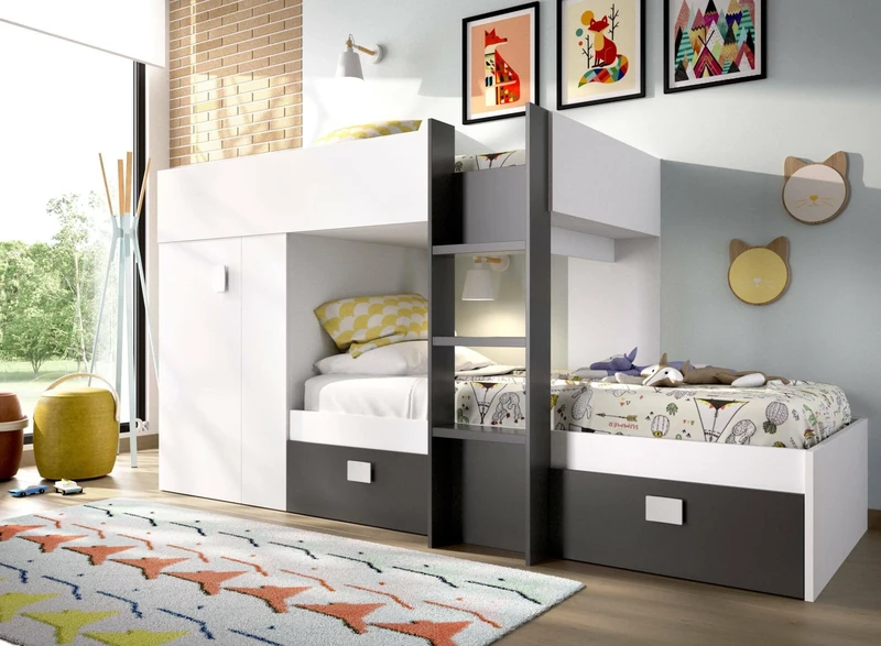 Dmora - Children's bed Cevedale, Complete bedroom with wardrobe and drawers, Bunk bed composition with two single beds, 271x111h150 cm, White and Anthracite
