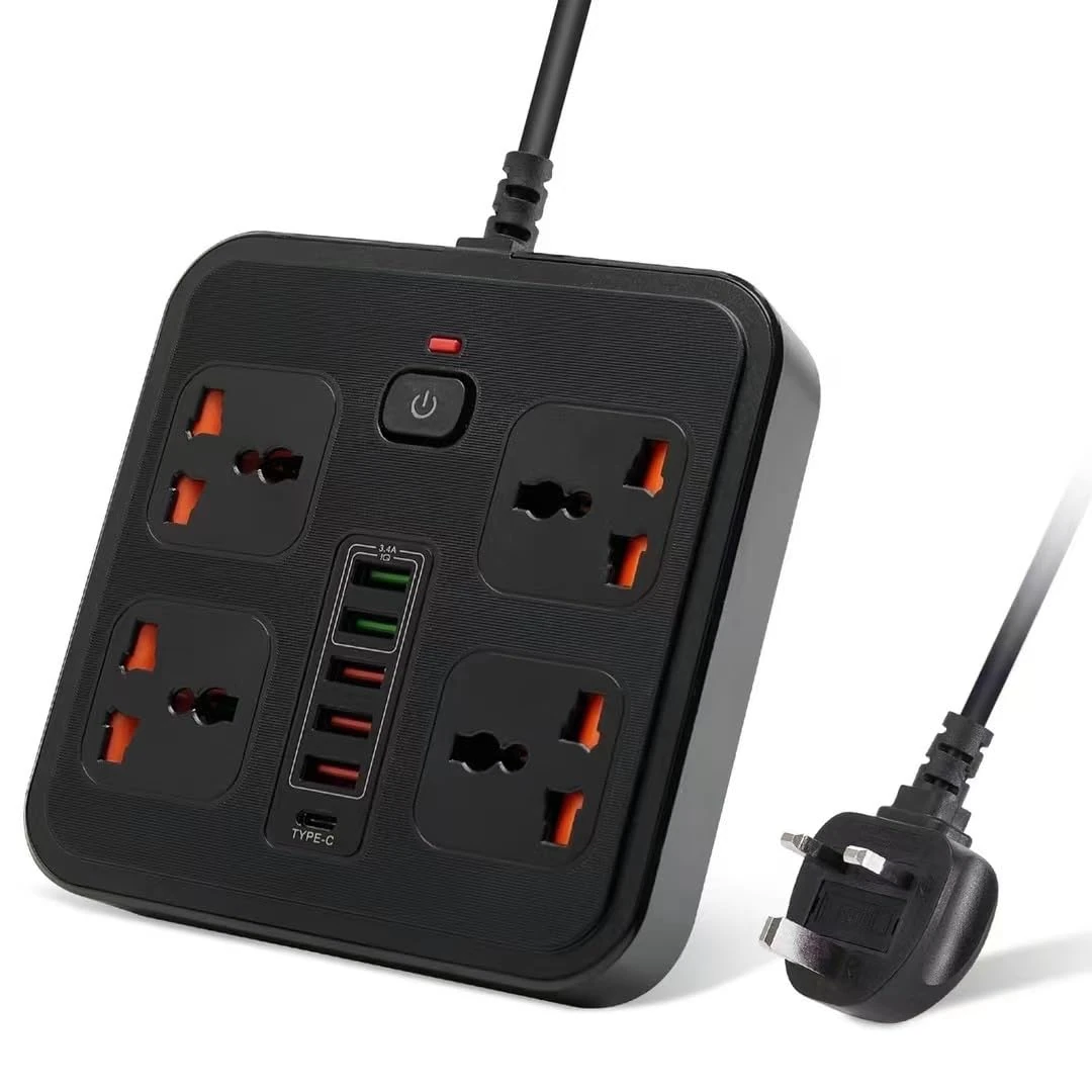 Extension Lead With USB Slots 4 AC Way Outlets,3000W 10A 3M/9.84FT Power Strip,5 USB+1 Type-C Slots Charging overload protection,Power Plug Extension for Home and Office (Black)