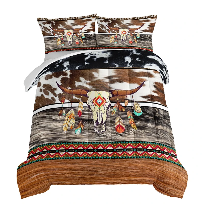 HOSIMA Western Bedding Longhorn Skull Comforter 3 Pieces,Western Highland Cowhide Print Bedding for Boys Teens Soft Microfiber Fluffy Comforter Full Size Farmhouse Style Room Decor Aesthetic.