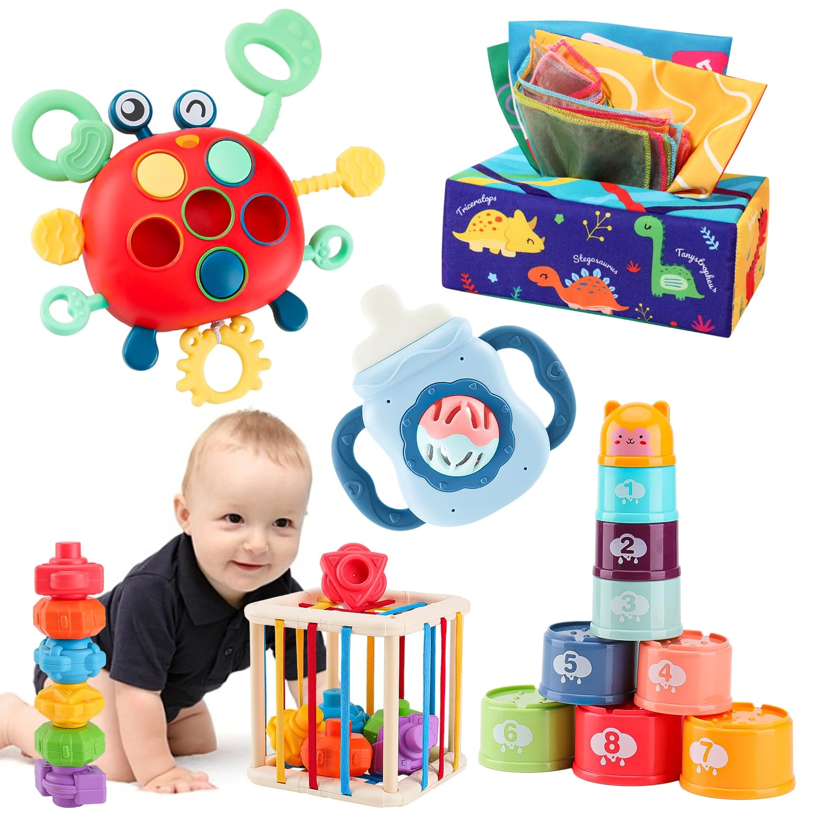 KADAYAYA Montessori Baby Toys for 6-18 Months - 5 in 1 Shape Sorter, Tissue Box, Pull String, Teething, Stacking Cups & Sensory Toddler Gifts