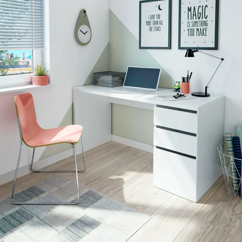 DMORA - Desk Reedsport, Reversible desk with 3 drawers, Multiposition space-saving office table, 138x60h74 cm, White
