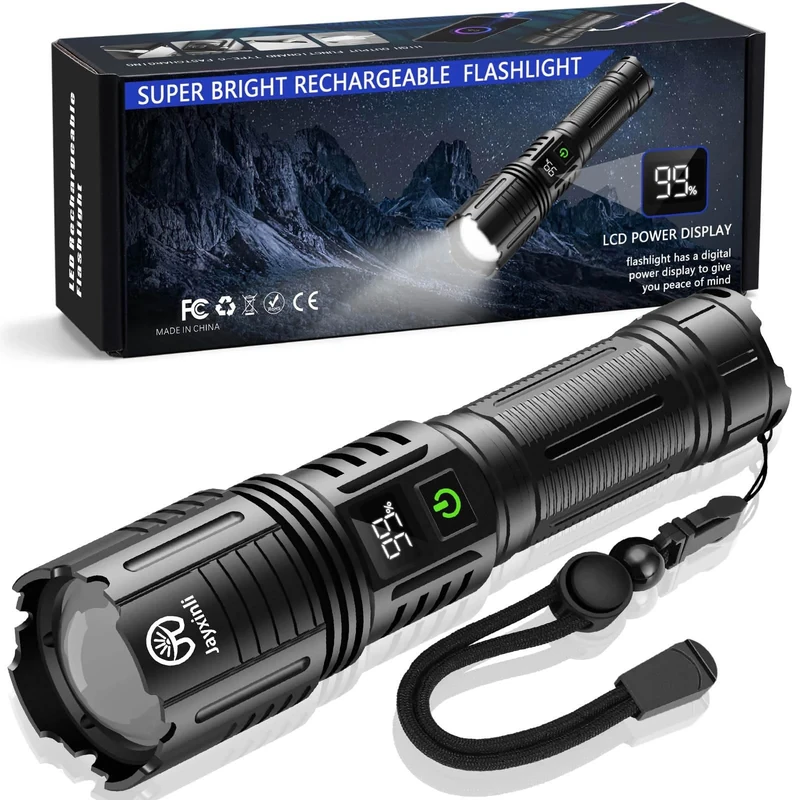 Jayxinli Torches LED Super Bright 500000 Lumen Rechargeable with LCD Power Display and 5000 mAh, Zoomable, IP67, Powerful, 5 Light Modes, High Power Torch for Camping, Hiking, Dog Walking