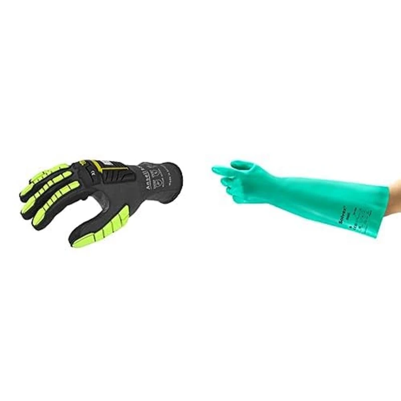 Ansell Ringers R840 Professional Work Gloves, Abrasion Resistant Nitrile Coating with Firm Grip, Black, Size XL (4 Pairs) + AlphaTec 37-185 Chemical-Resistant Nitrile Gloves, Green, Size XL (1 Pair)