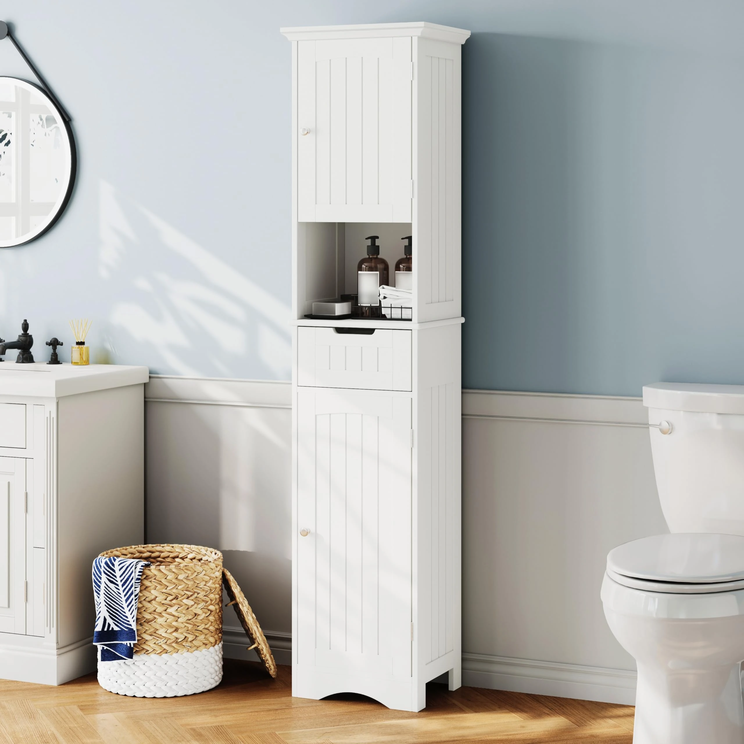 ChooChoo 67" Tall Bathroom Storage Cabinet Freestanding with Adjustable Shelves, Narrow Storage Linen Cabinet with 2 Doors and 1 Drawers for Bathroom, Living Room, Kitchen, White.