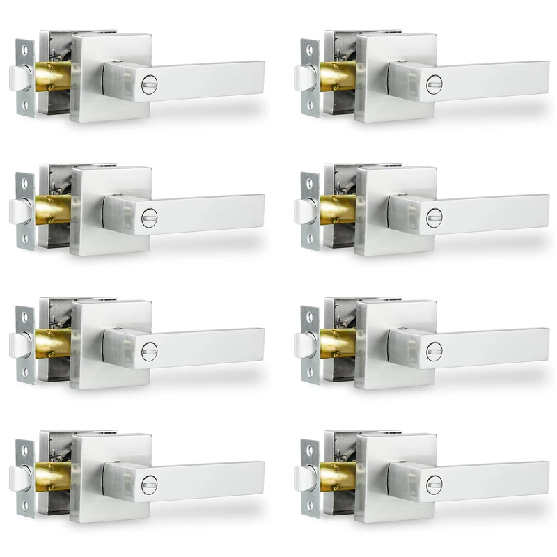 RAZCC Privacy Door Lever, Heavy Duty Interior Door Handles for Bathroom & Bedroom Privacy Door Lock Handle Keyless Door Knobs in Satin Nickel for Right & Left Sided Doors, 8 Pack