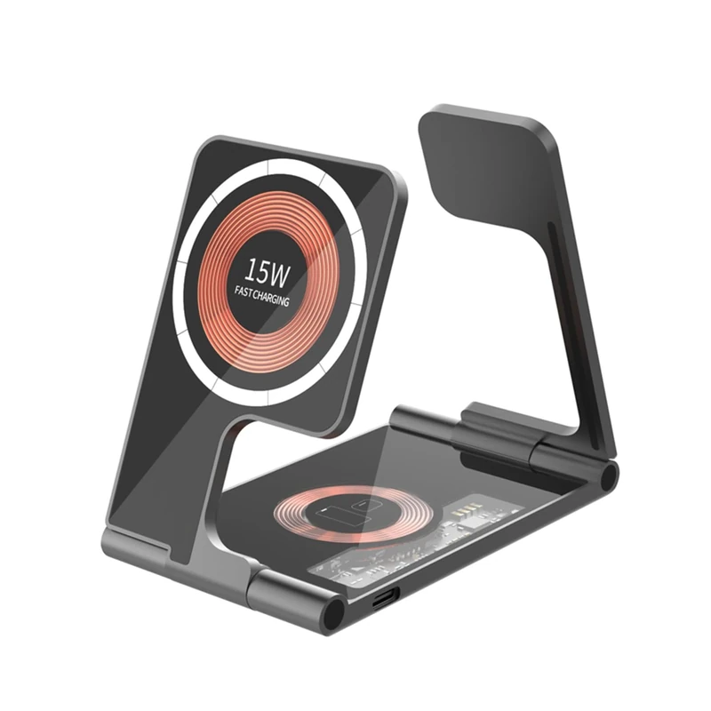DAM 5 in 1 Foldable Charging Dock. Magsafe Base 15W, Apple Watch Charger and Qi Dock. Double Stand Function. 10.9 x 6.4 x 1 cm. Colour: Black - Image 1