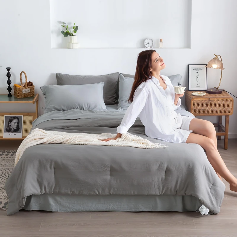COTTEBED Ultra-Soft Bed Sets Queen with Comforter and Sheets - All Season Use 7 Pieces Bed in a Bag, Aesthetic Solid Polycotton Dark Grey Queen Comforter and Light Gray Bedding Sheet Sets Pillowcase