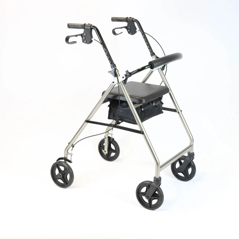 NRS Healthcare A-Series Tall Lightweight Folding 4 Wheel Rollator with Seat and Bag - Silver