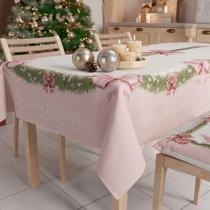 PETTI Artigiani Italiani Stain-Resistant Tablecloth Christmas – 140x450 cm Rectangular Festive Table Cover for Kitchen or Dining Table, Pink Bow & Feather Design – 24 Seats, 100% Made in Italy