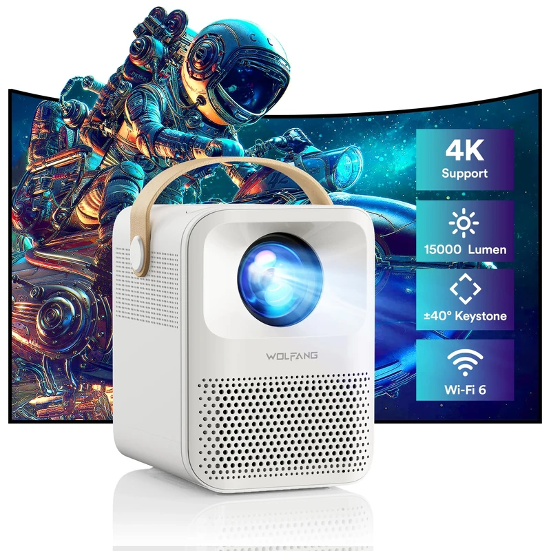 Portable Projector, WOLFANG 4K Mini Projector 5G WiFi Bluetooth, 15000L 200" Display Home Theater Movie Projector, Phone Video Projector Compatible with iOS/Android/HDMI/PC/TV Stick/USB/PS5