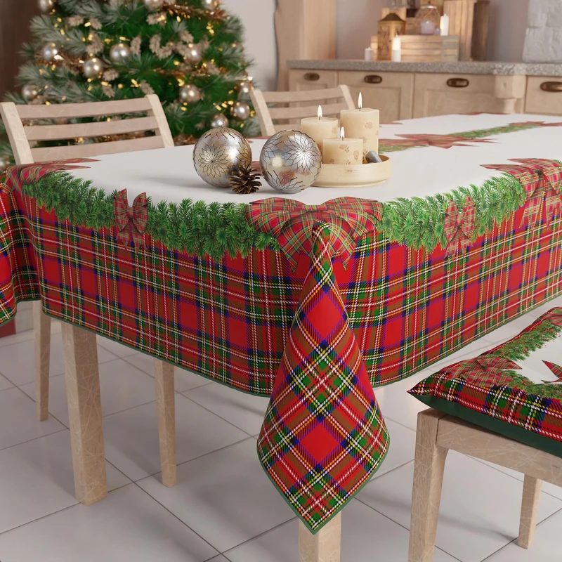 PETTI Artigiani Italiani Stain-Resistant Tablecloth Christmas – 140x450 cm Rectangular Festive Table Cover for Kitchen or Dining Table, Tartan Bow Design – 24 Seats, 100% Made in Italy