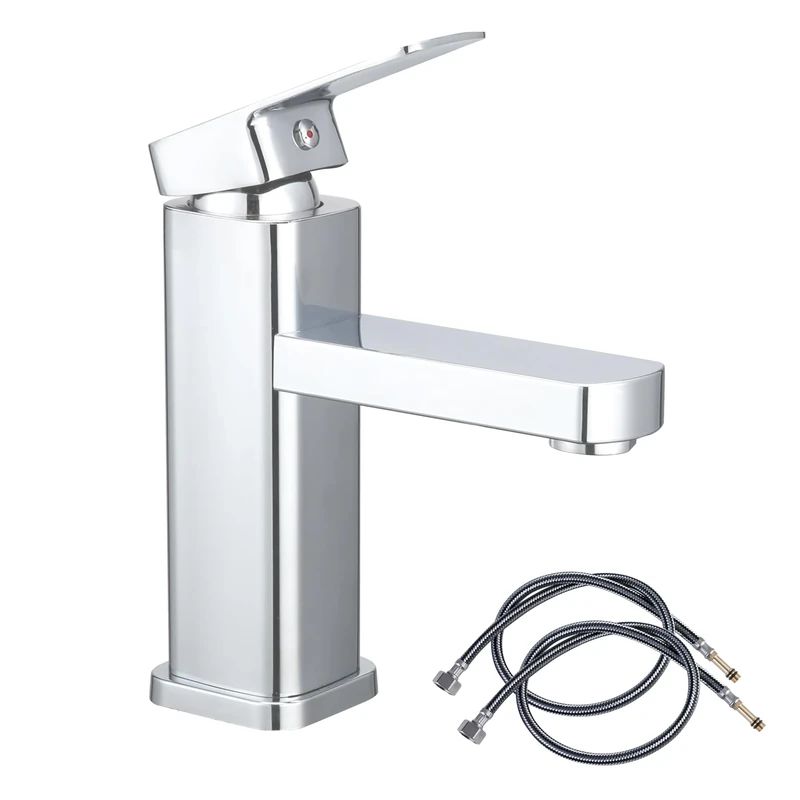 Bathroom Basin Tap Washroom Hot and Cold Mixer Tap Single Lever Bathroom Sink Faucet with 80CM UK Standard Hoses, Chrome