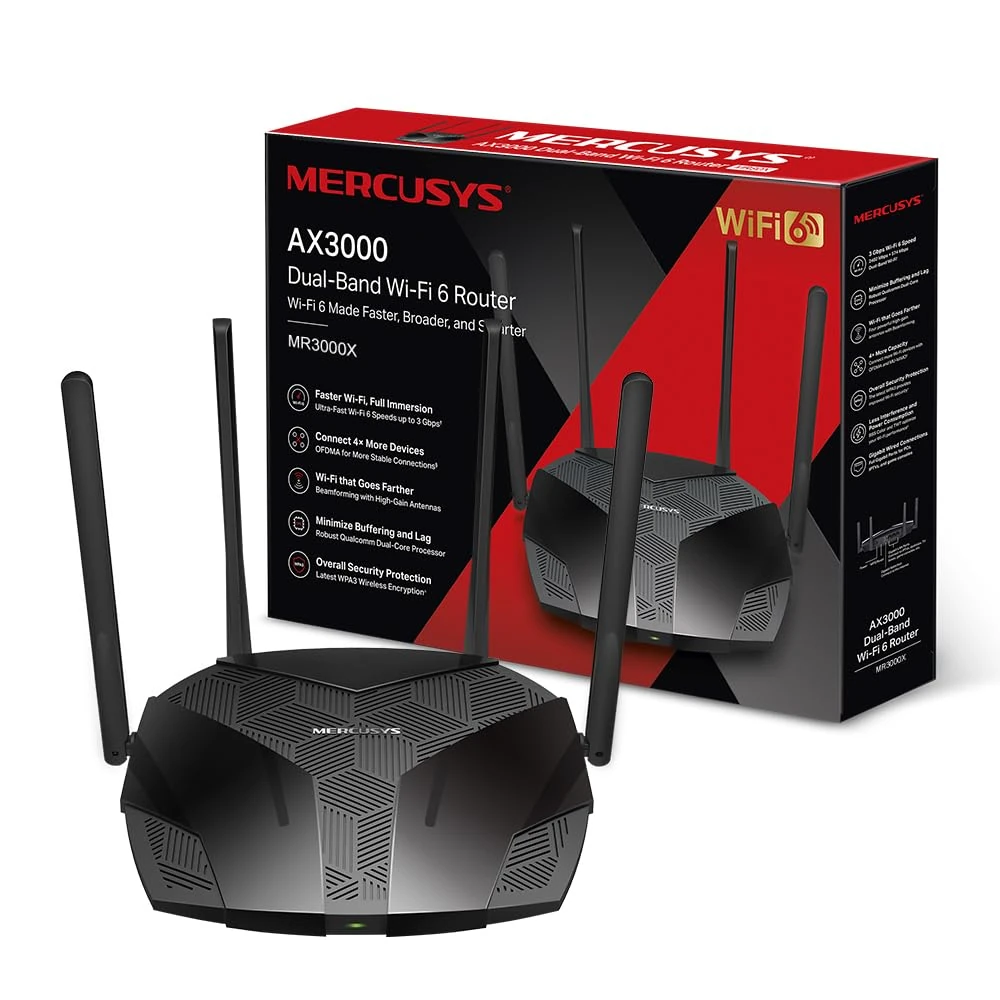 Mercusys 6 3000Mbps WiFi Router, Dual Band WiFi Router, 4 Gigabit RJ45 Ports, 4 x 5dBi Antennas, MU-MIMO, WPA3, Smart Connection, Parental Control, BSS Color Technology, MR3000X