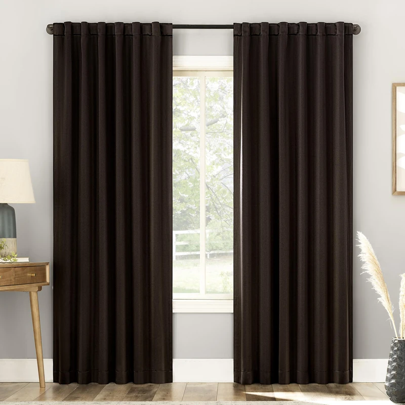 Sun Zero Belize 2-Pack Magnetic Closure Pleated Look Theater Grade 100% Blackout Back Tab Curtain Panel Pair, 52" x 96", Chocolate Brown