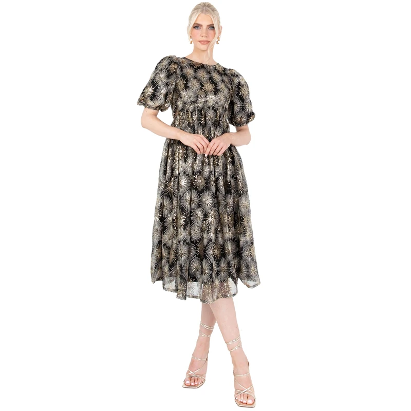 Lovedrobe Women's Midi Dress Ladies Short Puff Sleeve Mesh Star Sequin Embellished Round Neck A-line for Party Cocktail Evening Dress, - Image 1