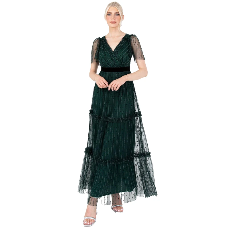 Lovedrobe Women's Maxi Ladies V-Neck Short Angel Sleeve Tulle Ruffles Wrap Top Velvet Waistband for Evening Occasion Party Dress, Green, 26