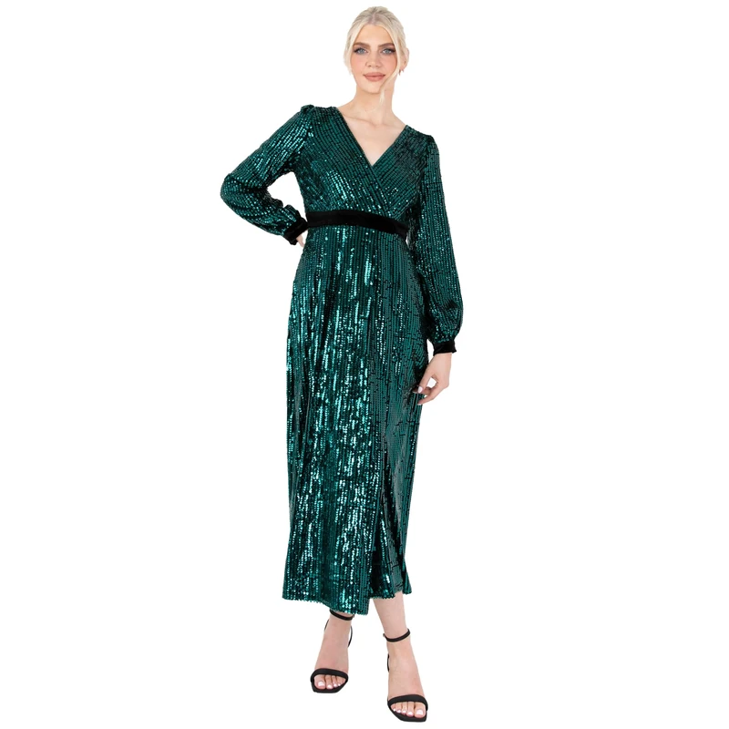 Lovedrobe Women's Midaxi Dress Ladies Sequin Embellished Long Sleeve V-Neck Faux Wrap Velvet Bow Split for Party Evening Occasion, Green, 16