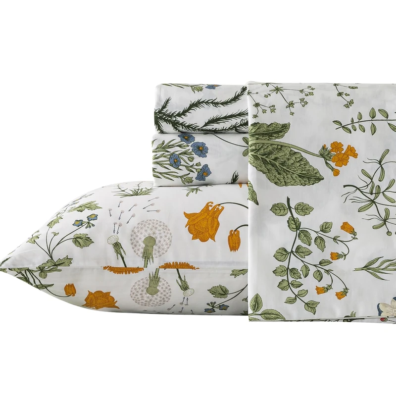 Zusbest California King Size Sheet Sets 100% Percale Cotton Green Floral Bed Sheets Yellow Flower & Green Leaves Botanical Pattern Garden Crisp Soft Deep Pocket Fitted Sheet 17.5'' 4Pcs, Cal King