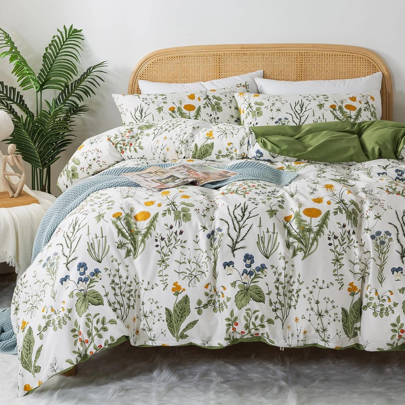 Zusbest Floral Duvet Cover King 100% Percale Cotton Botanical Garden Flower Printed Bedding Reversible Green Yellow Leaves Pattern Comforter Covers French Country Bedding Soft 3Pcs-Not Comforter