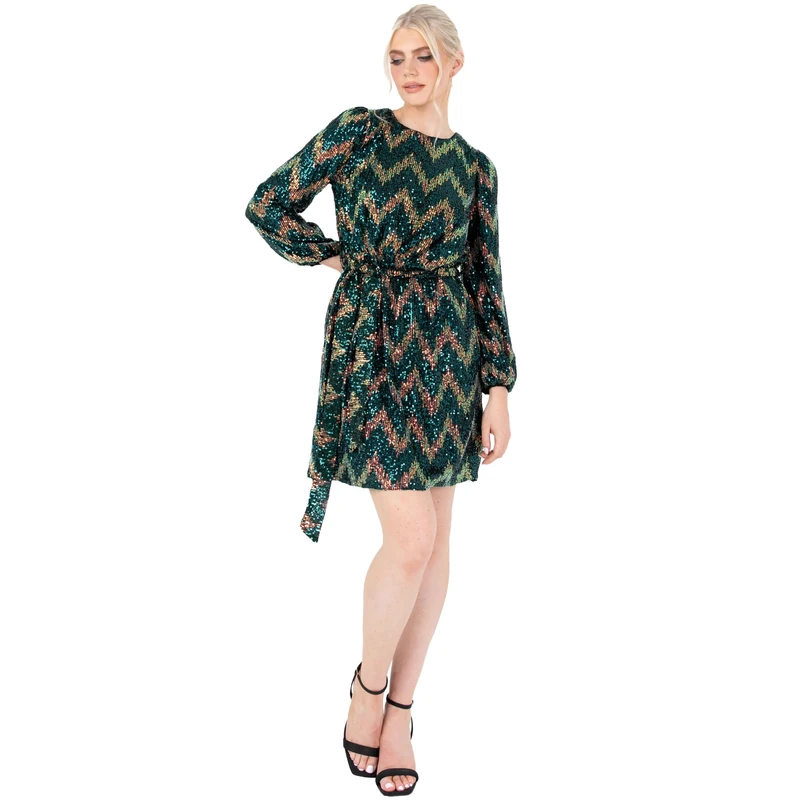 Lovedrobe Women's Mini Dress Ladies Short Sequin Embellished Long Sleeve Round Neck Tie Belt Zig-Zag for Party Cocktail Evening, Green, 26