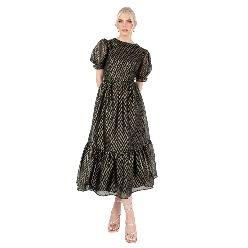 Lovedrobe Women's Midaxi Dress Ladies Round Neck Short Puff Sleeves Metallic Zig-Zag Tie-Back A-line for Party Evening Occasion, Black, 26