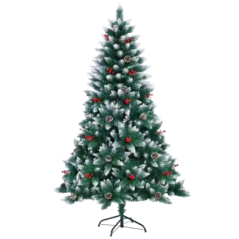 1.8m (6Ft) Flocked Artificial Christmas Tree with 634 Pencil Tips Balmoral Fir - Snowy Branches, Berries and Pine Cones Decorations Metal Stand - Bushy Luxury Xmas Home Centerpiece