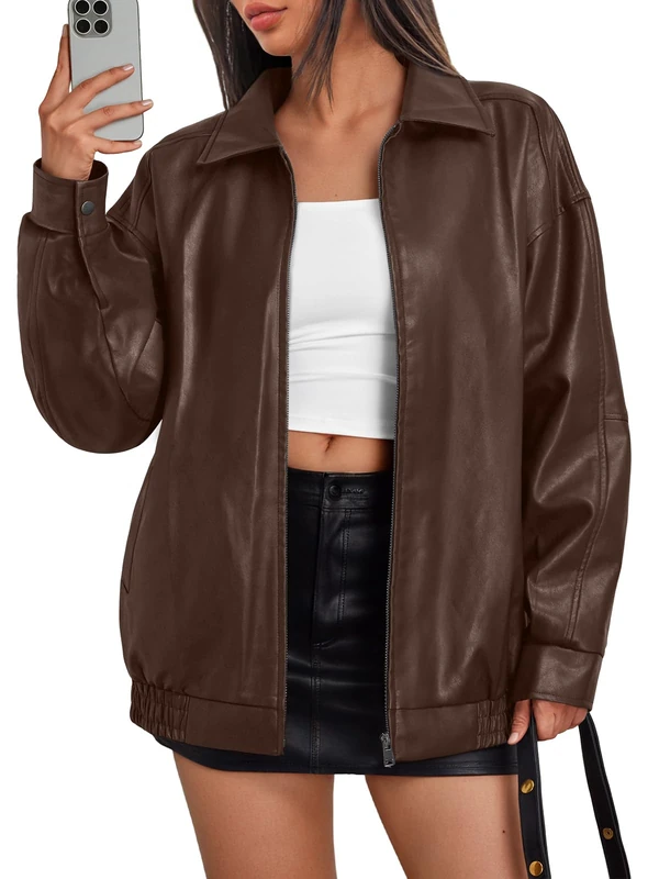 Trendy Queen Womens Leather Jackets Oversized Faux Motorcycle Plus Size Moto Biker Coat Fall Outfits Fashion Clothes 2024, Brown, M