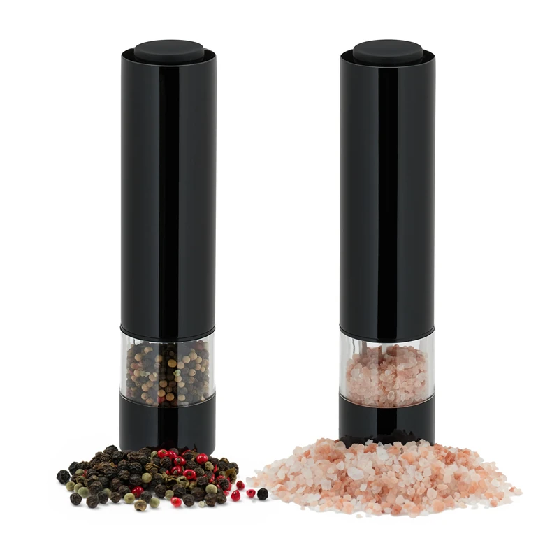 Relaxdays Salt and Pepper Grinder, Set of 2, Kitchen, Season, Herbs & Spices, Shaker, Electronic, with LED-light, Black, Stainless steel, 23 x 5 x 5 cm