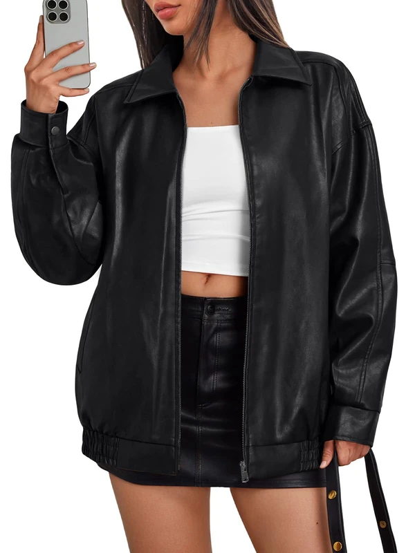 Trendy Queen Womens Leather Jackets Oversized Faux Motorcycle Plus Size Moto Biker Coat Fall Outfits Fashion Clothes 2025, Black, M