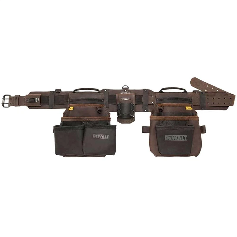 DEWALT PRO Leather Tool Rig – Premium Leather rig with Multiple Reinforced Pouches Adjustable Belt and Hammer Loop Built for Durability and All-Day jobsite Performance