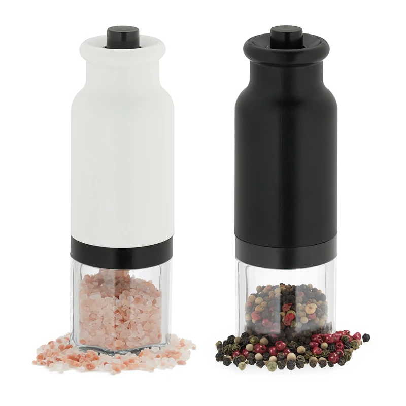 Relaxdays Salt and Pepper Grinder, 2x Set, Kitchen, Season, Herbs & Spices, Shaker, Electronic, LED-light, Black/White, 70% plastic 20% ceramic 10% stainless steel, 20 x 6 x 6 cm