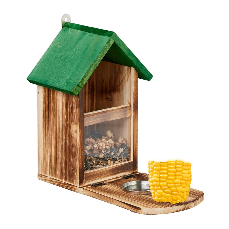Relaxdays Squirrel Feeder, Wooden, Nut & Seed Silo with Corn Cob Holder, Feeding Platform, Water Bowl, Natural/Green, Wood, 28 x 17 x 28.5 cm