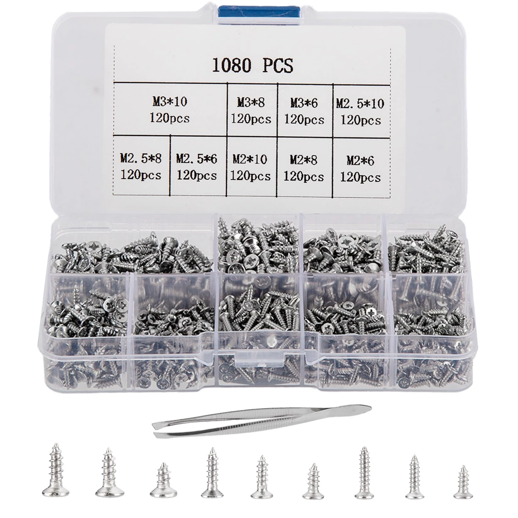 1080 Pcs Stainless steel Small Wood Screws Assortment Kit, M2/M2.5/M3 Cross Head Self Tapping Screws, 6/8/10mm Tiny Flat Head Self Drilling Screws Set for Wood(silver)