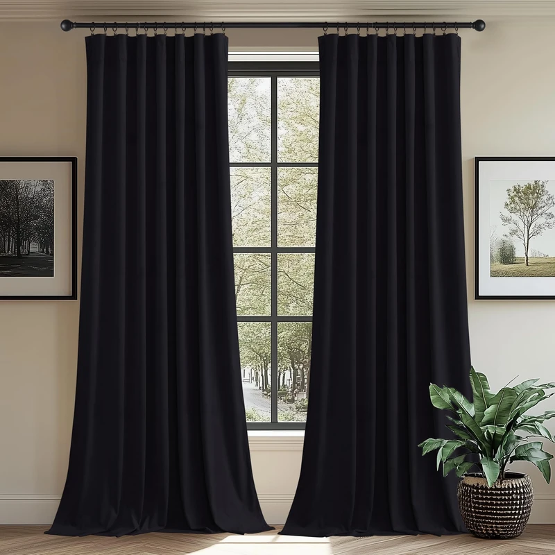 StangH Wide Velvet Curtains for Sliding Door 90 inches Long Blackout Black Thermal Insulated Window Drapes Rod Pocket Light Blocking Covering for Living Room, W62 x L90, 2 Panels