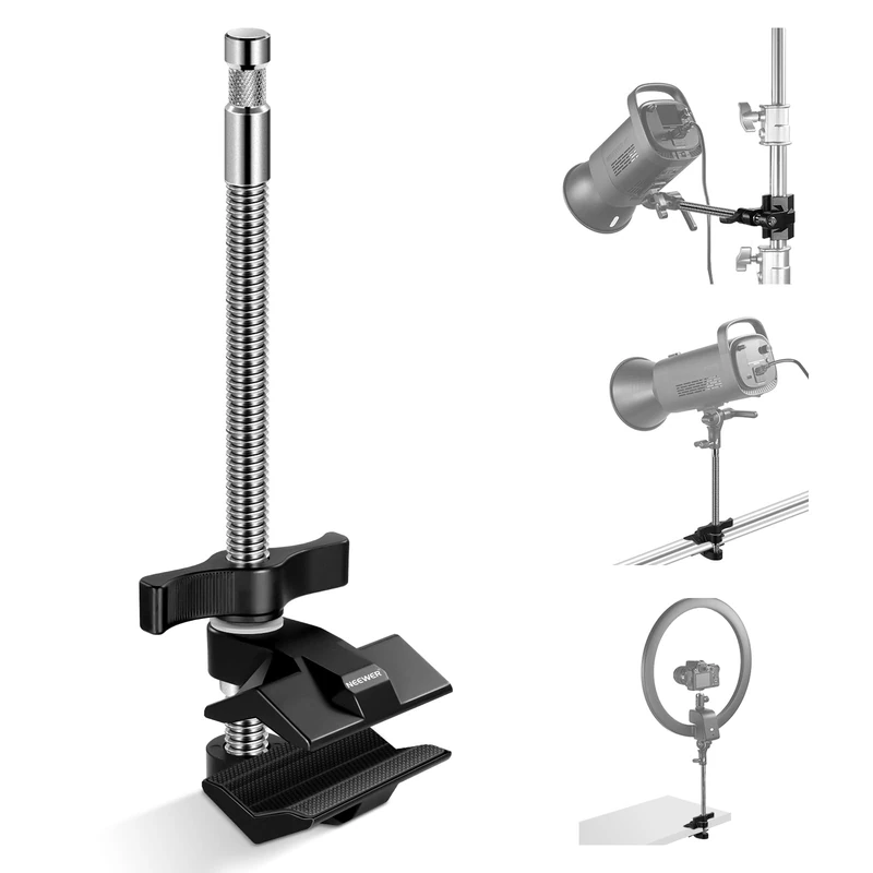 NEEWER 9" End Jaw Grip with 5/8" Stud, Steel Shaft End Pipe Grip Clamp with Adjustable Aluminum Jaws, Rubber Pads for C Stand, Anti Twist, Spin Handle Easy Lock for LED Video Light Softbox,UA041