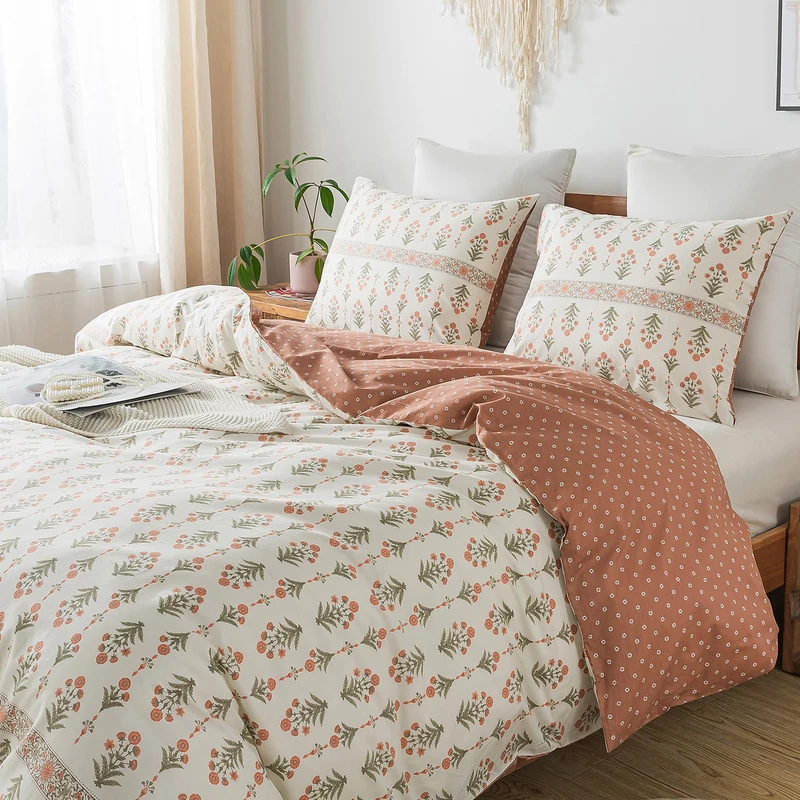 HoneiLife Floral Duvet Cover Twin - 100% Cotton Comforter Cover Wildflower Duvet Cover Sets, Botanical Duvet Cover with Zipper Closure & Corner Ties, 2-PCS Orange Comforter Cover Sets
