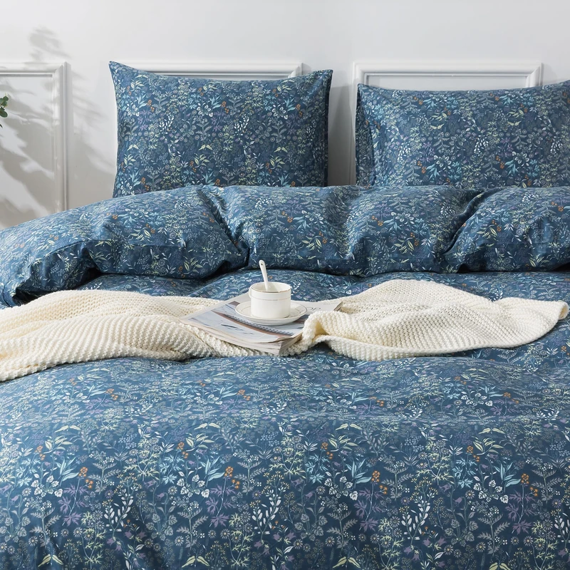 HoneiLife Twin 100% Cotton Floral Comforter Cover Set, 2-Piece Breathable Bedding with Zipper Closure & Corner Ties, Wildflower Duvet Cover for All Season Use, Blue/Black
