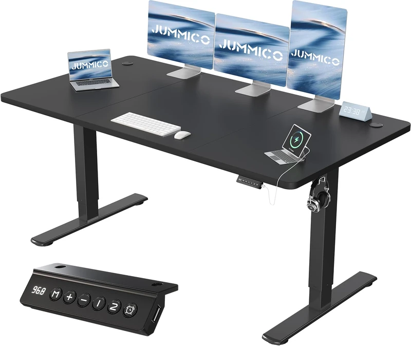 JUMMICO 160x70cm Electric Standing Desk with USB Charging Height Adjustable Desk with Sedentary Reminder Stand Up Desk with Splice Board for Home Office,Black