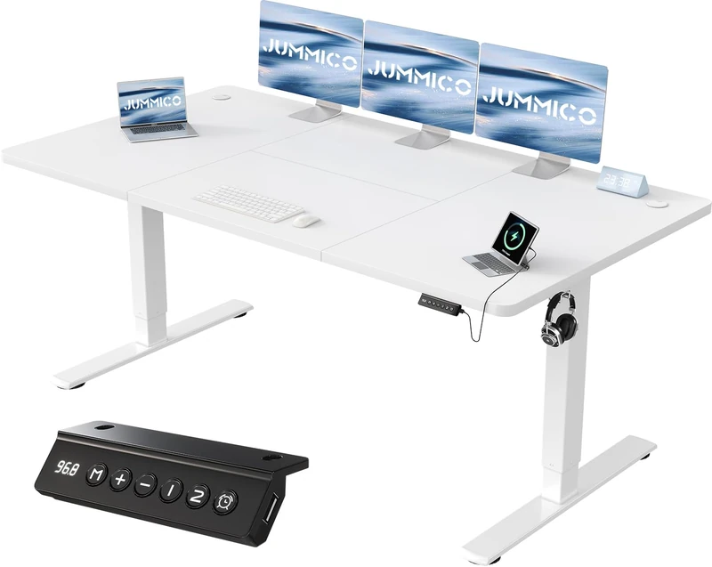 JUMMICO 180x80cm Electric Standing Desk with USB Charging Height Adjustable Desk with Sedentary Reminder Stand Up Desk with Splice Board for Home Office,White