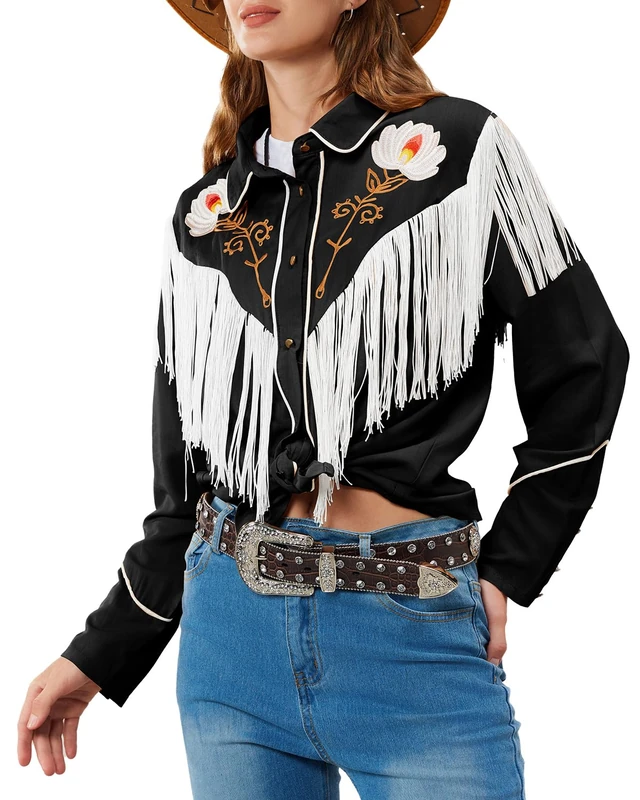 John Moon Women's Floral Embroidered Fringe Western Shirts Rodeo Cowgirl Button Down Blouse Tops Country Style Outfits, Black, M - Image 1